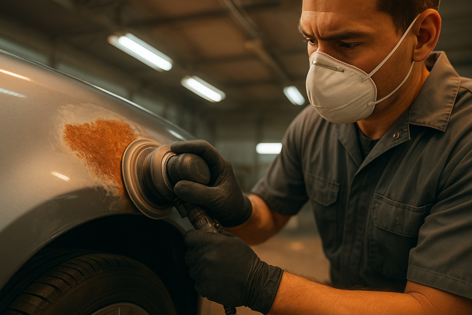 Technician performing auto body corrosion repair Orange County drivers rely on for rust removal