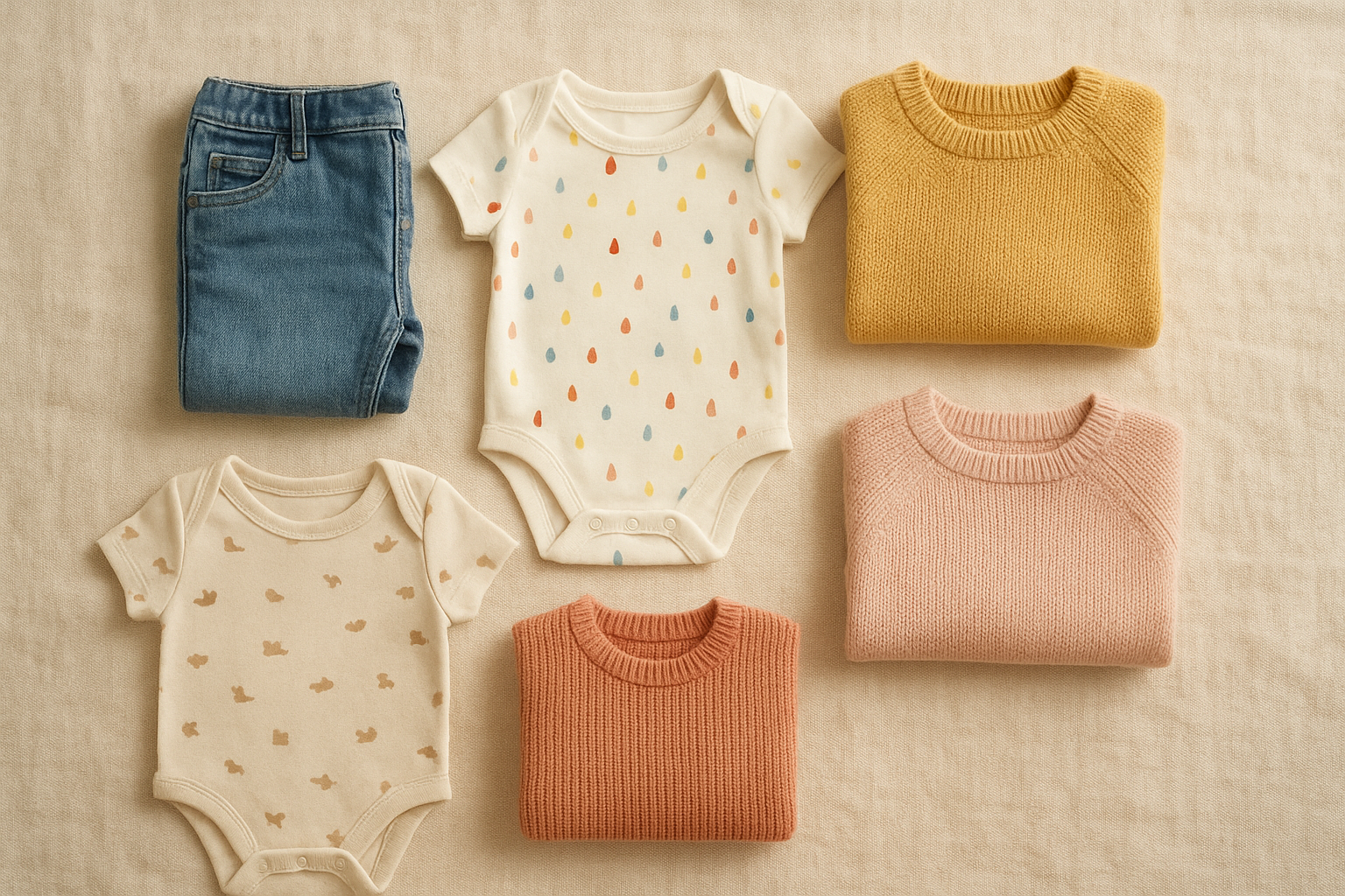 Colorful kids clothing rental monthly bundle laid out on a cream linen surface