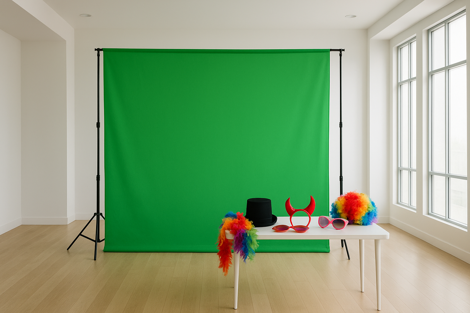 Green screen backdrop and prop table set up for a photo booth rental near Chandler, Indiana