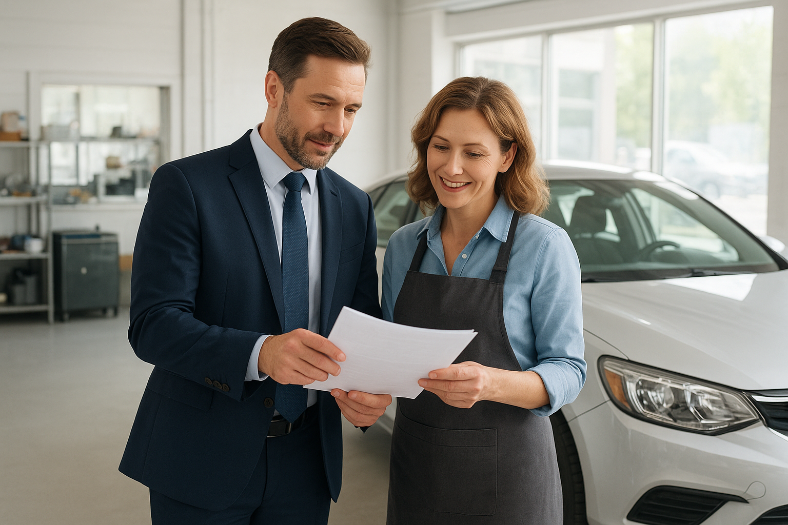 Insurance adjuster and repair shop manager reviewing claim paperwork together