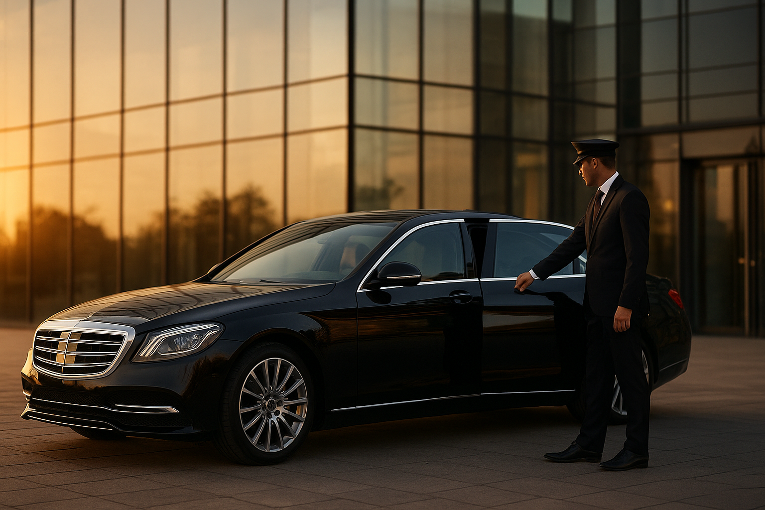 Chauffeur opening the door of a luxury sedan for a corporate client in Charlotte