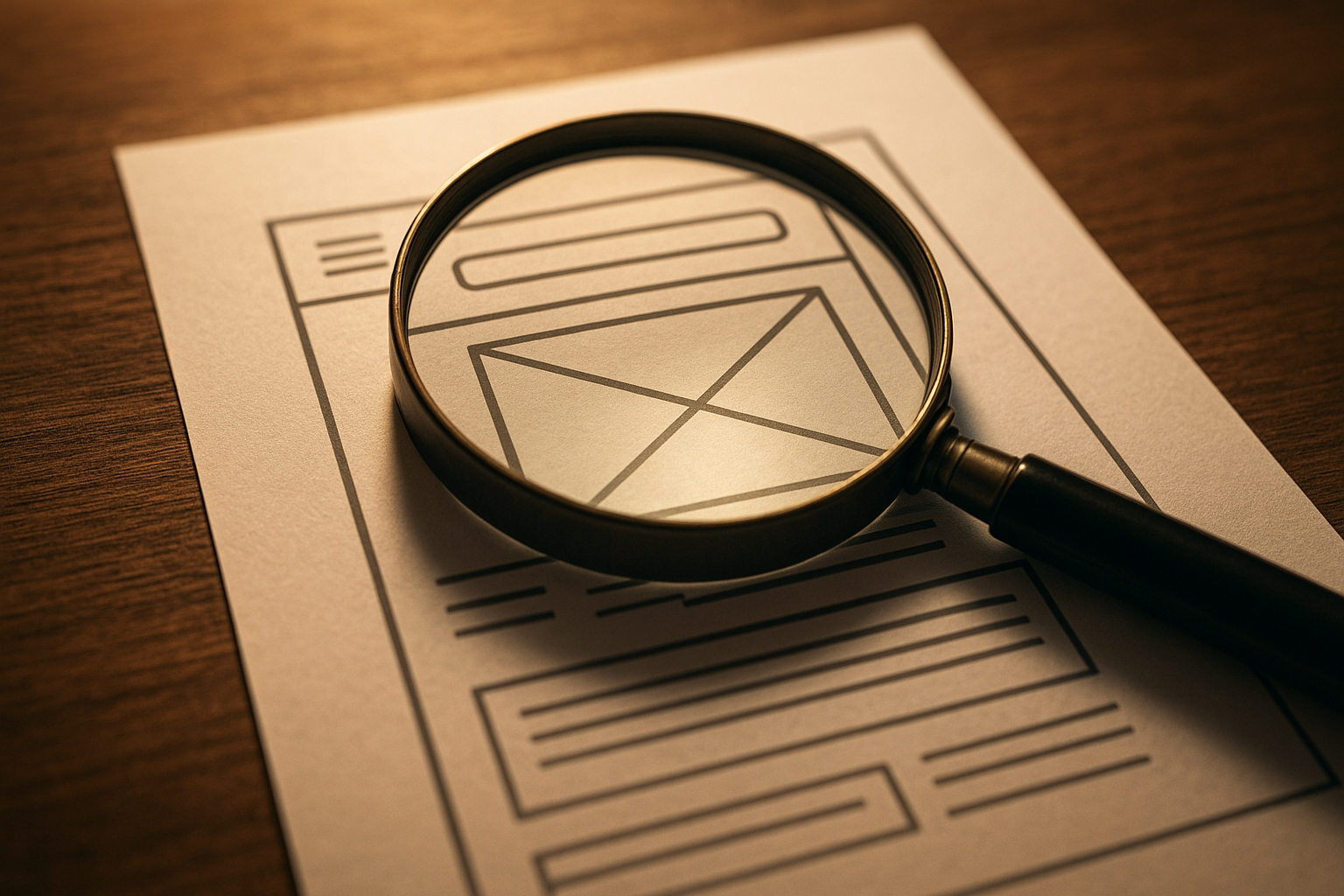 Magnifying glass reviewing a webpage layout during a content optimization process