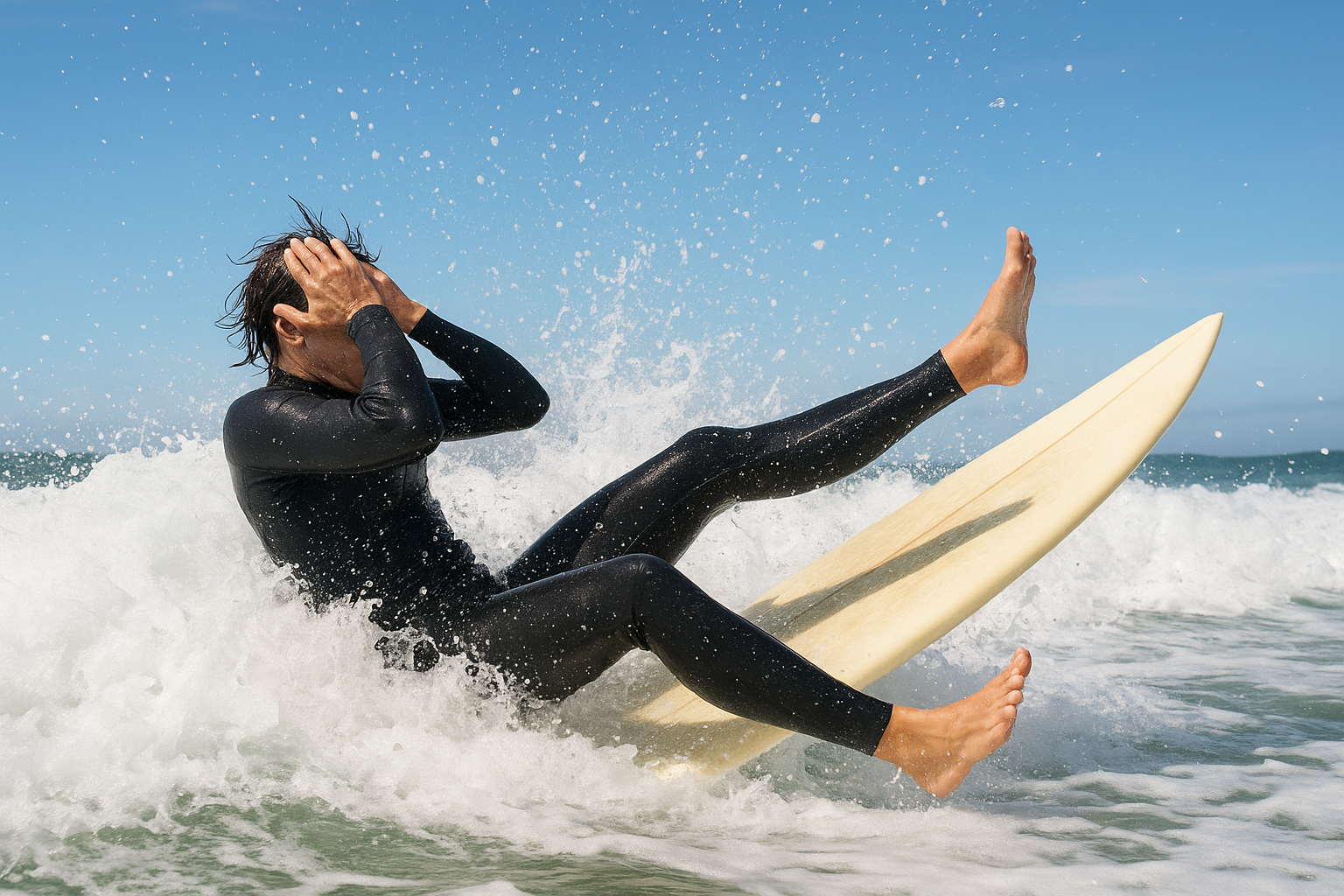 Beginner surfer demonstrating a safe fall technique away from the surfboard