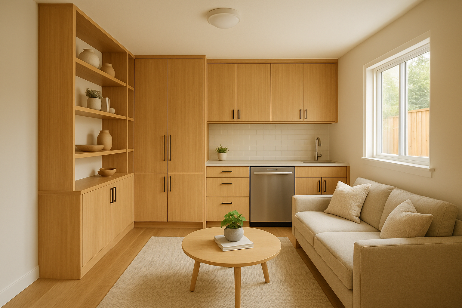 Custom built-in millwork inside a finished attached ADU in Southern California