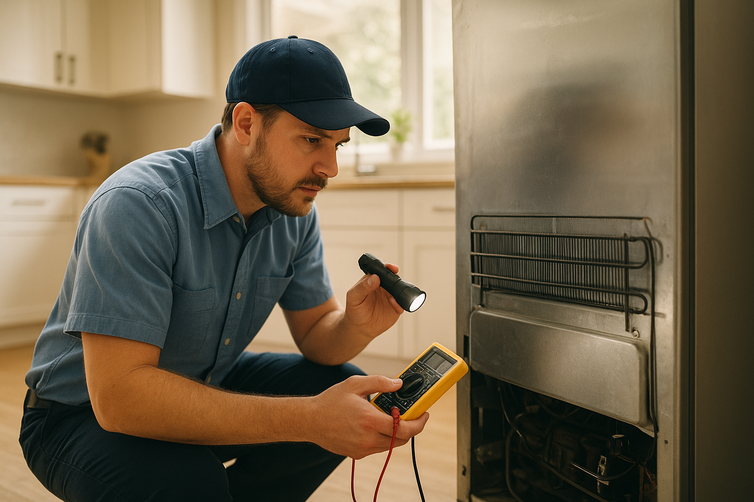 Technician performing whirlpool refrigerator repair diagnostics in a home kitchen