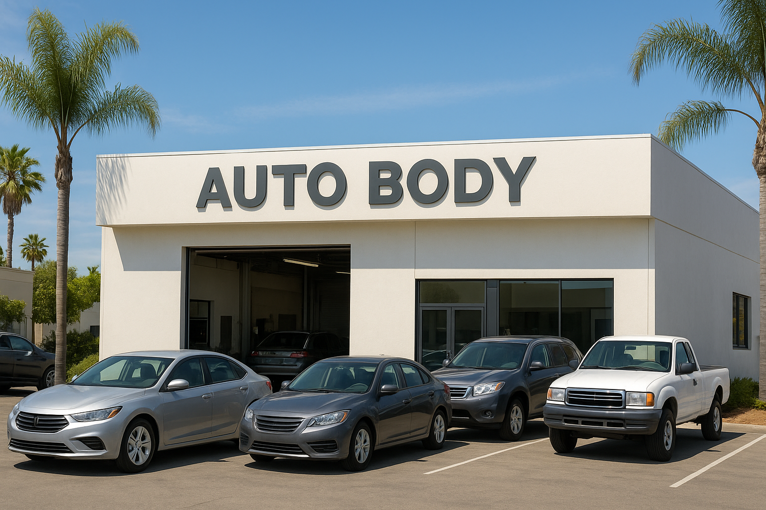 Exterior of a professional auto body shop in California on a sunny day