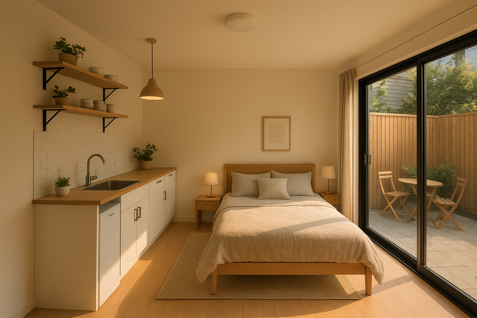 Interior of a compact San Diego ADU studio with open kitchen and sliding glass doors to a patio