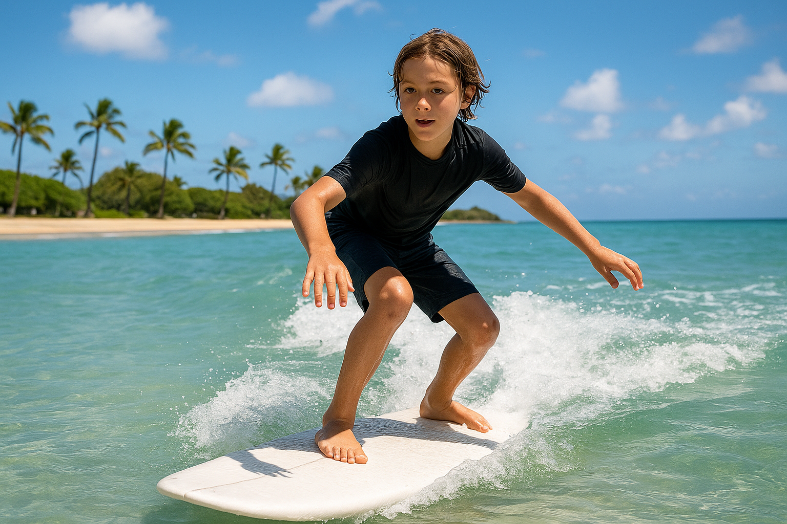 Beginner surfer riding a foam surfboard during a Waikiki surf lesson