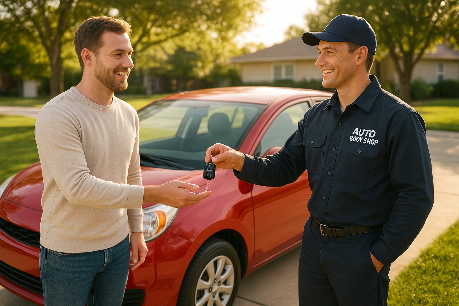 Car owner receiving keys after vehicle pickup and delivery for repairs is completed at their home