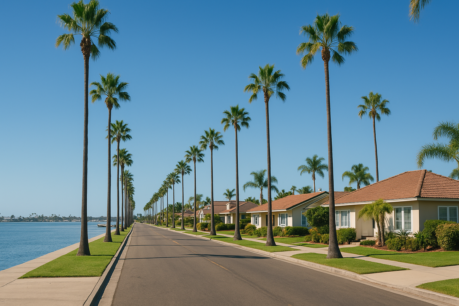 South Florida waterfront street lined with homes and palm trees