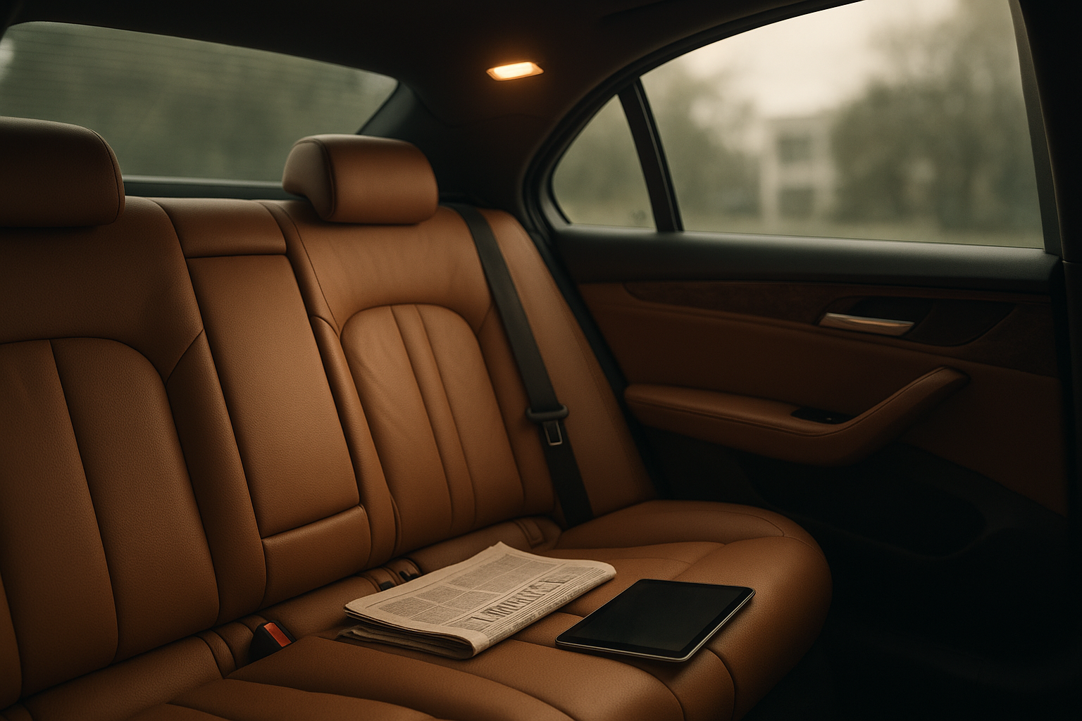 Interior of a chauffeured luxury sedan with leather seating and Wi-Fi tablet
