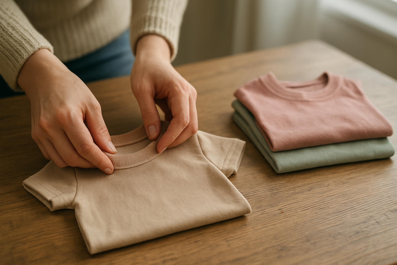 Parent folding outgrown children's clothes to send to a clothing swap exchange
