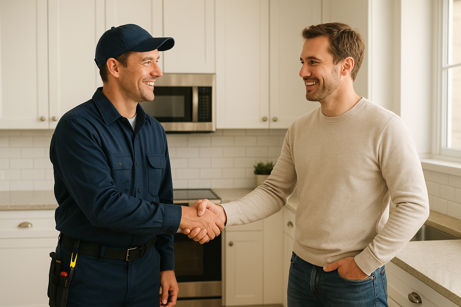 Homeowner and technician shaking hands after a completed oven repair service appointment