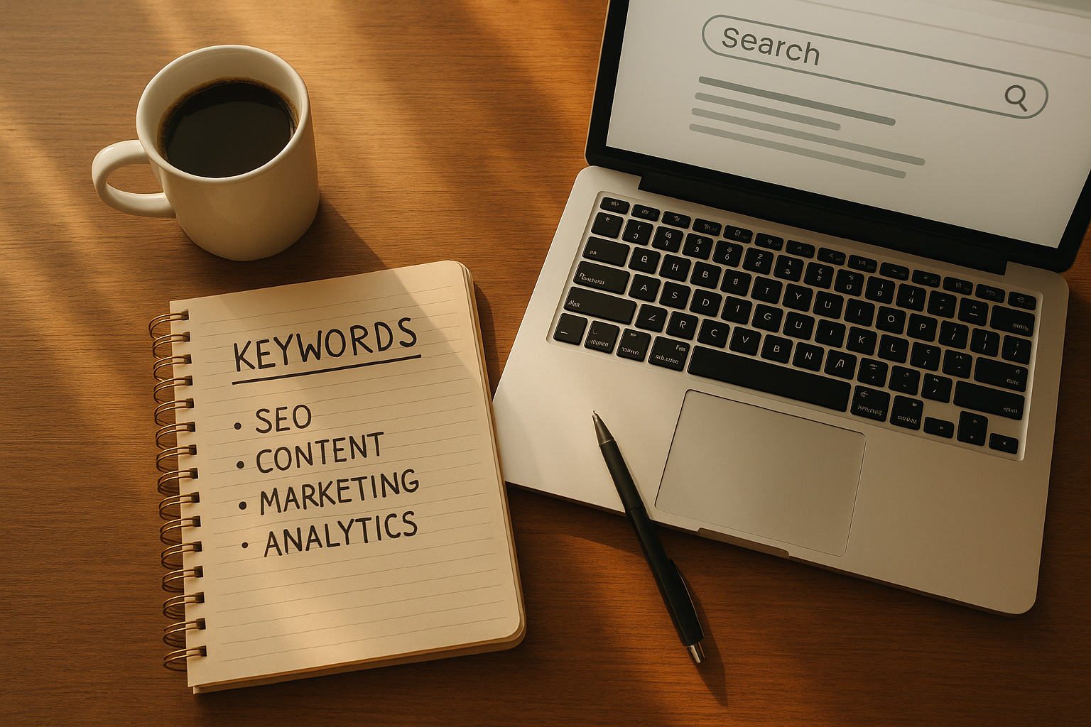 Marketer planning SEO content strategy using a free keyword research tool with a handwritten keyword list and laptop