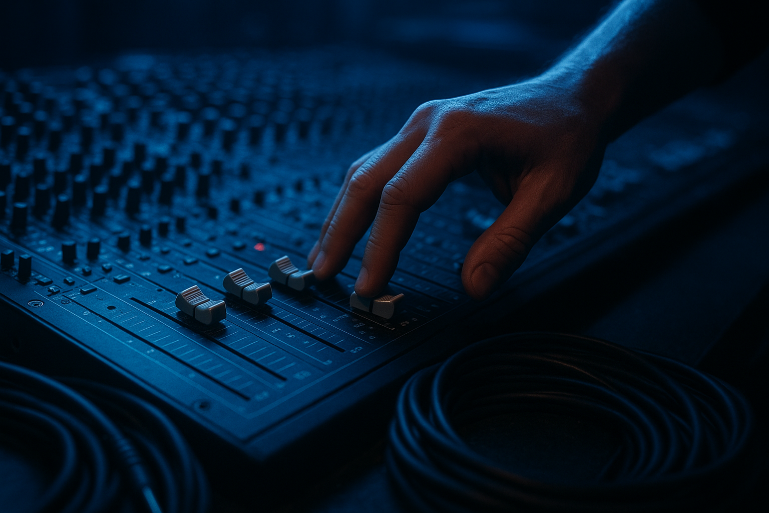 Sound engineer adjusting an audio mixing console during live event AV production