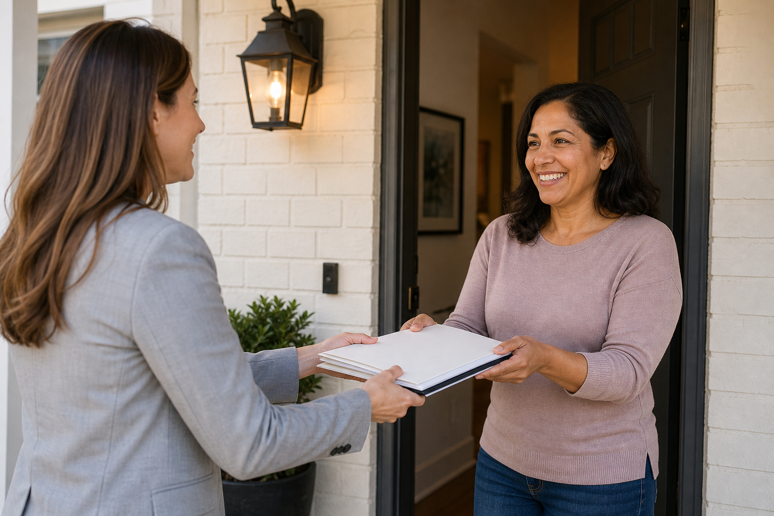 Agent presenting a printed seller report generated from a home valuation landing page