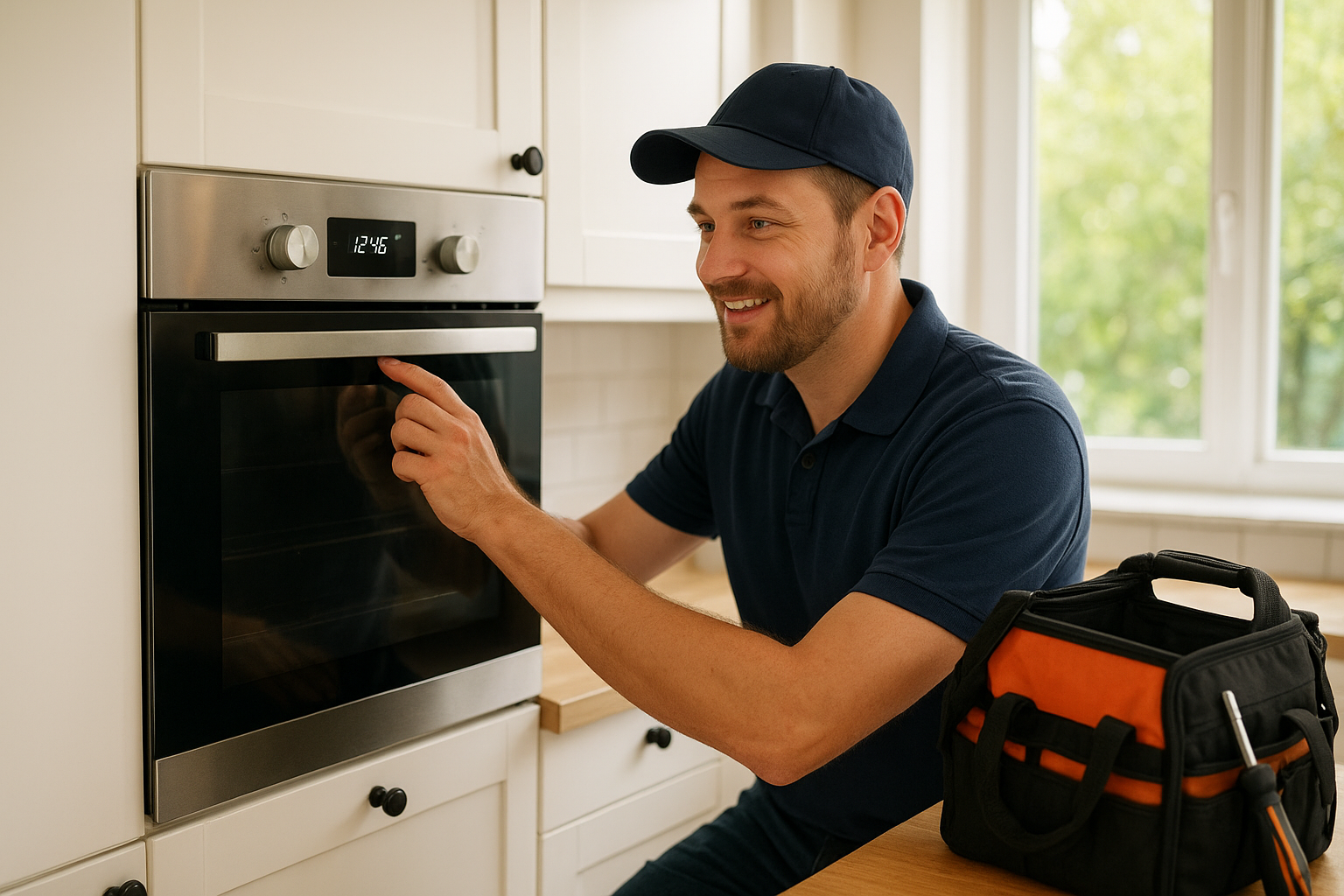 Appliance repair technician inspecting an oven during a home maintenance visit in Santa Rosa