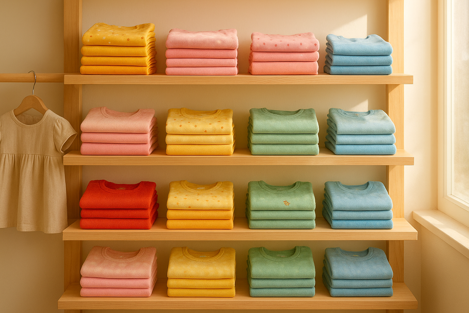 Colorful affordable children's apparel folded neatly on wooden shelves