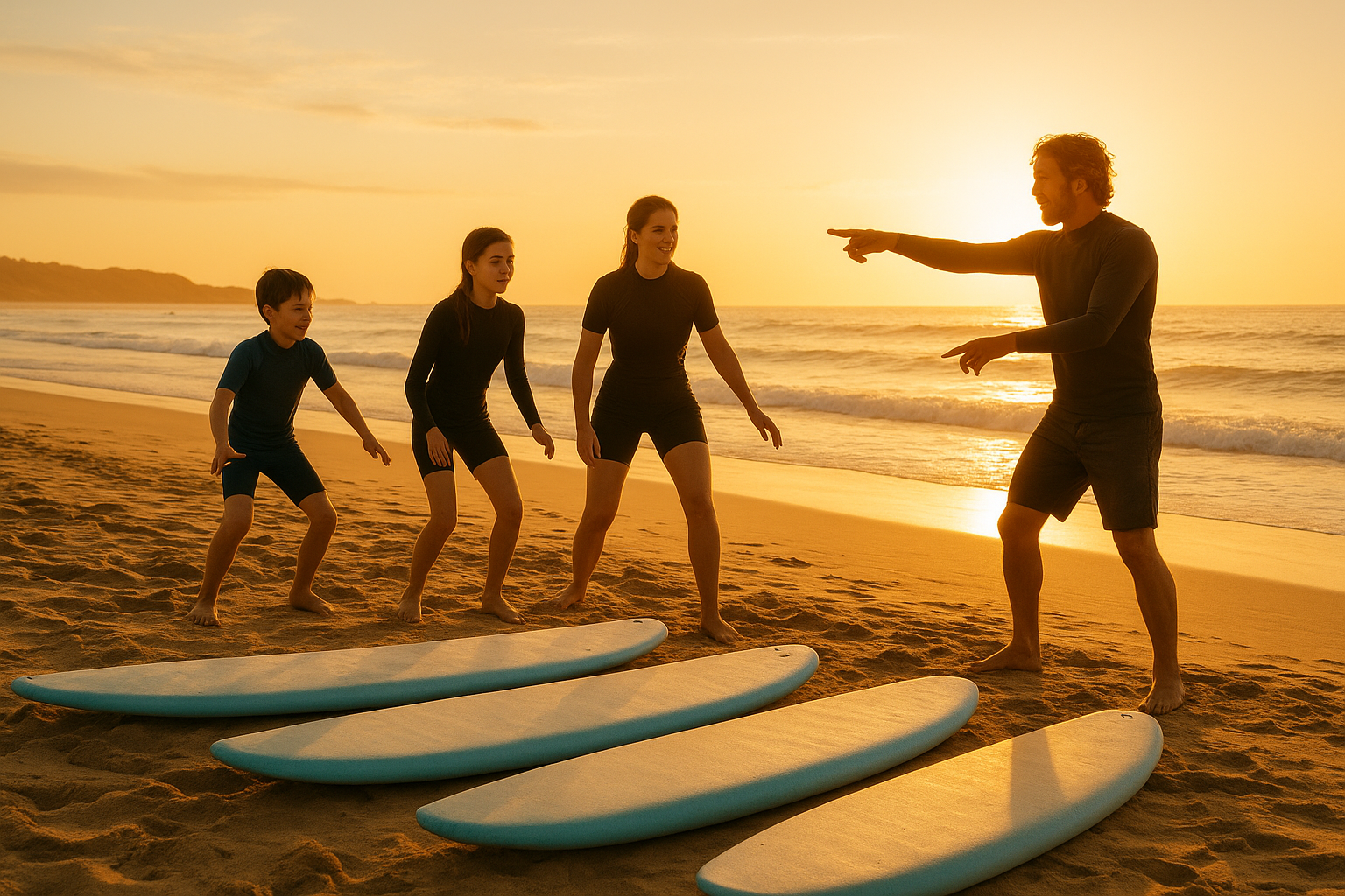 Surf instructor guiding a family through surf instruction for all ages on a sandy beach