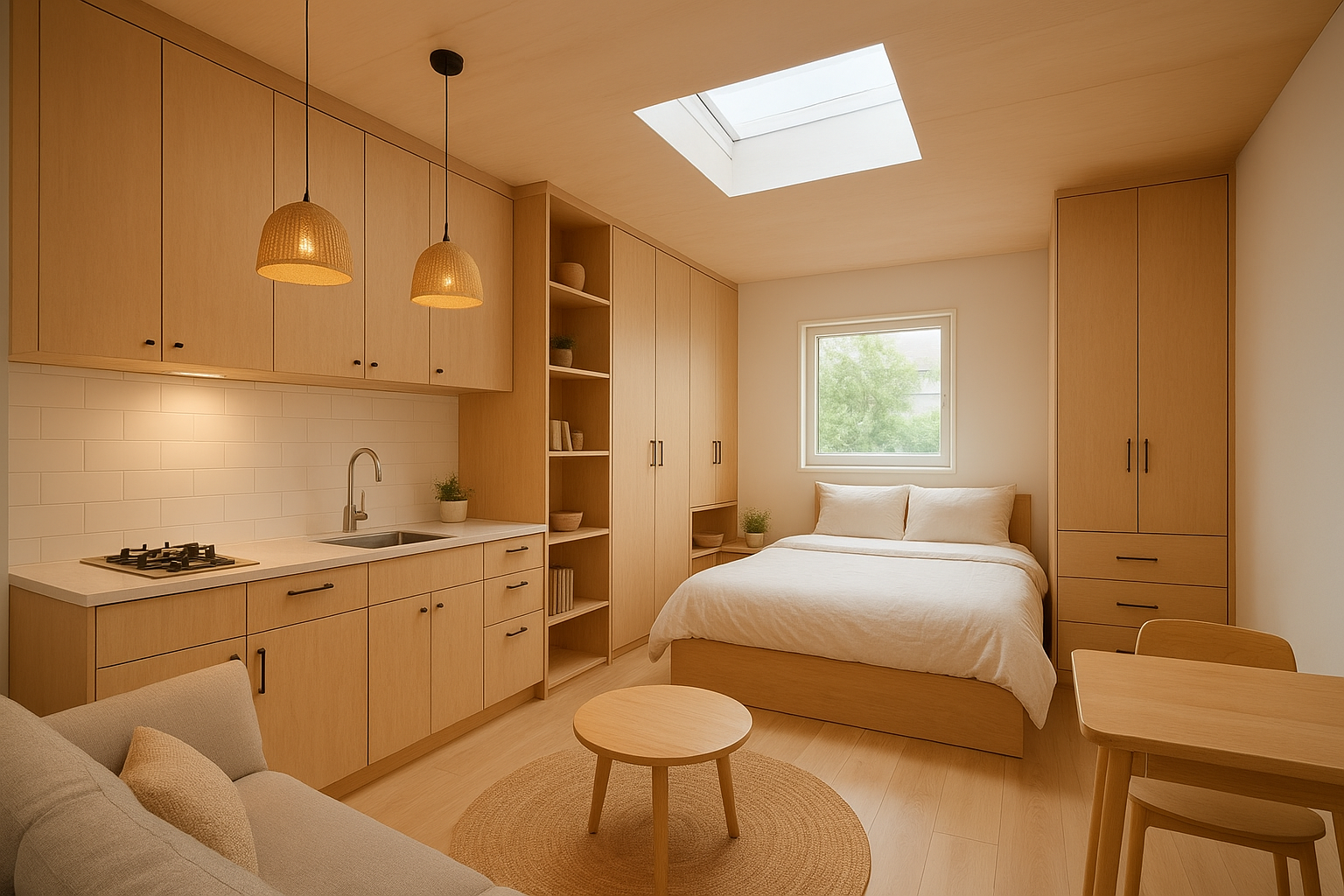 Interior of a studio ADU with open kitchen, built-in storage, and natural wood finishes