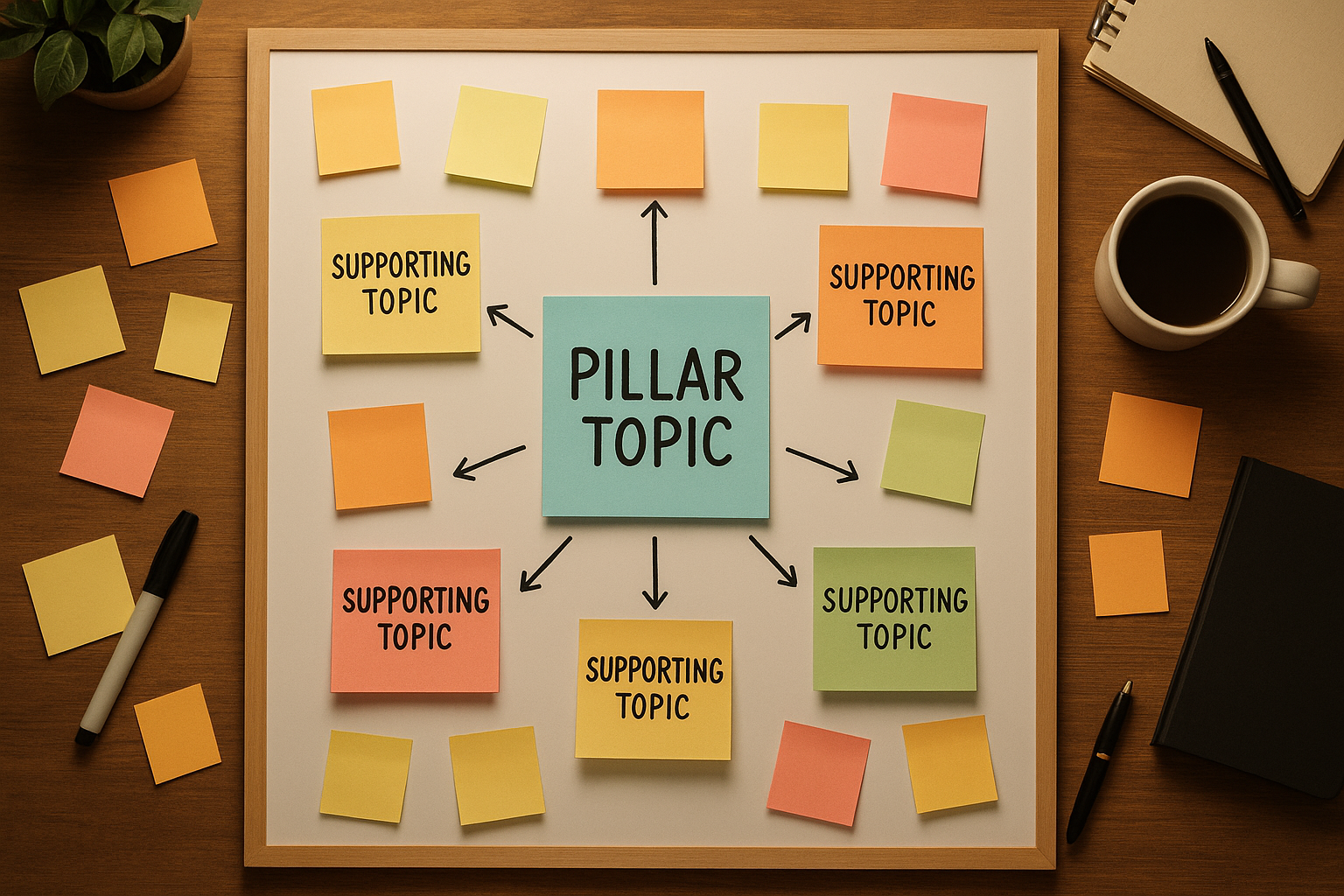 Content cluster diagram on a whiteboard mapping pillar topics and supporting articles from gap analysis findings