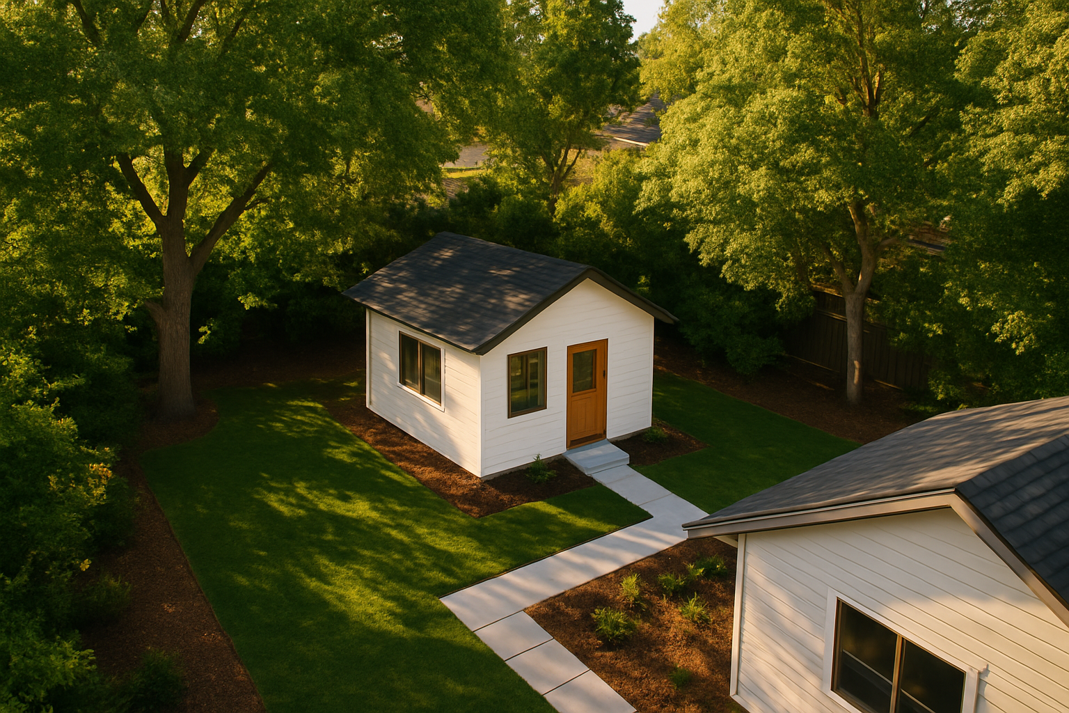 Aerial view of a detached ADU in a residential backyard connected to the main house by a concrete path