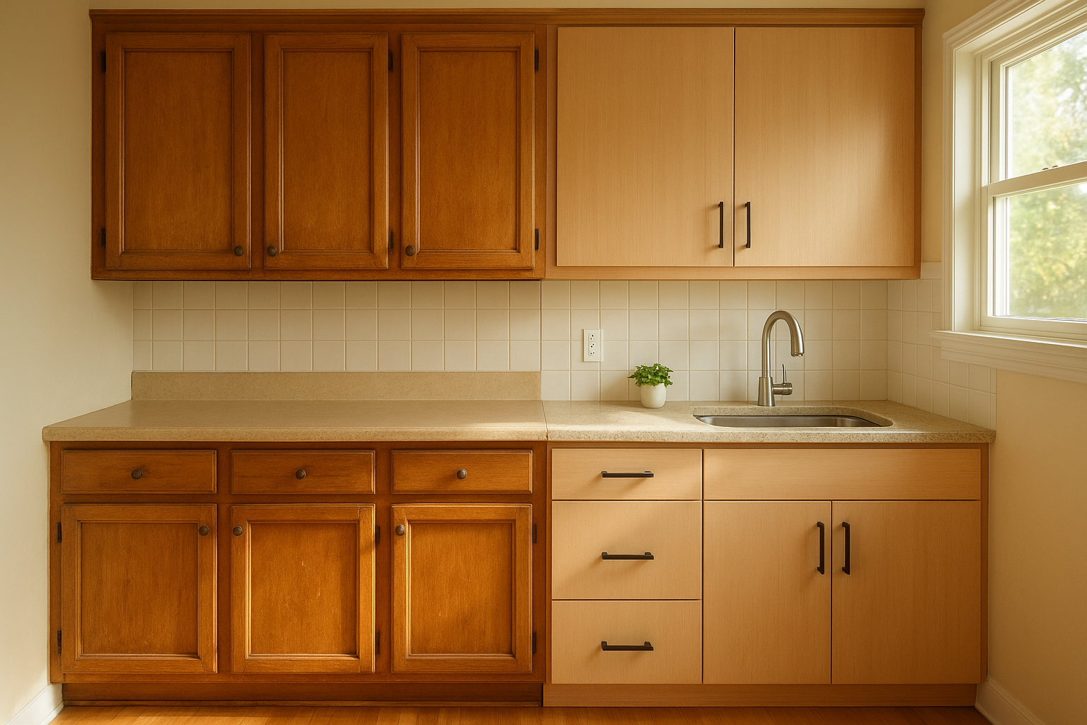 Before and after comparison showing the results of refacing wooden cabinets in a bright kitchen