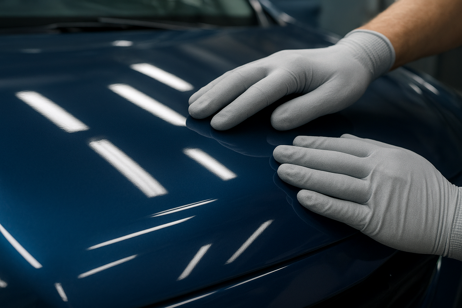 Auto body technician inspecting paint quality during collision repair process in an Orange County shop