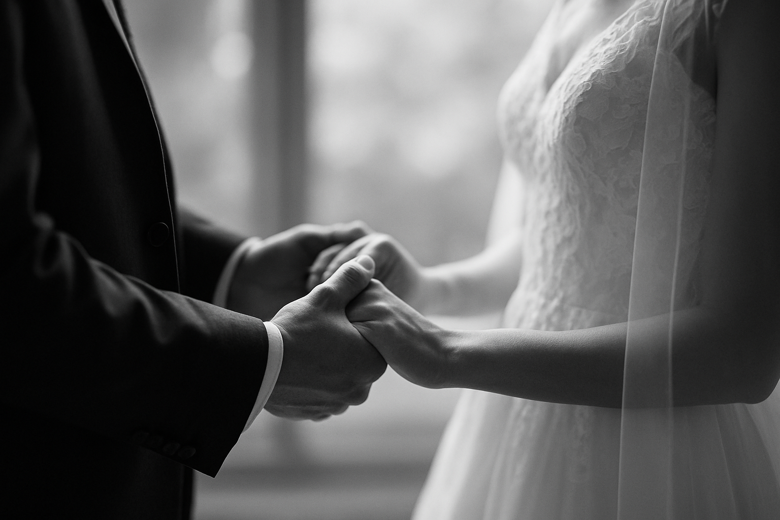 Wedding photo black and white of a bride and groom holding hands during their ceremony