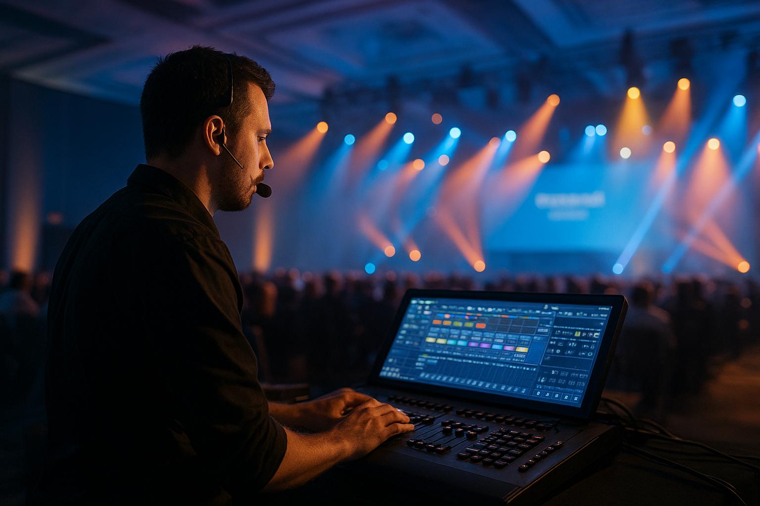 Event technician operating lighting console as part of a full AV equipment setup for a corporate event
