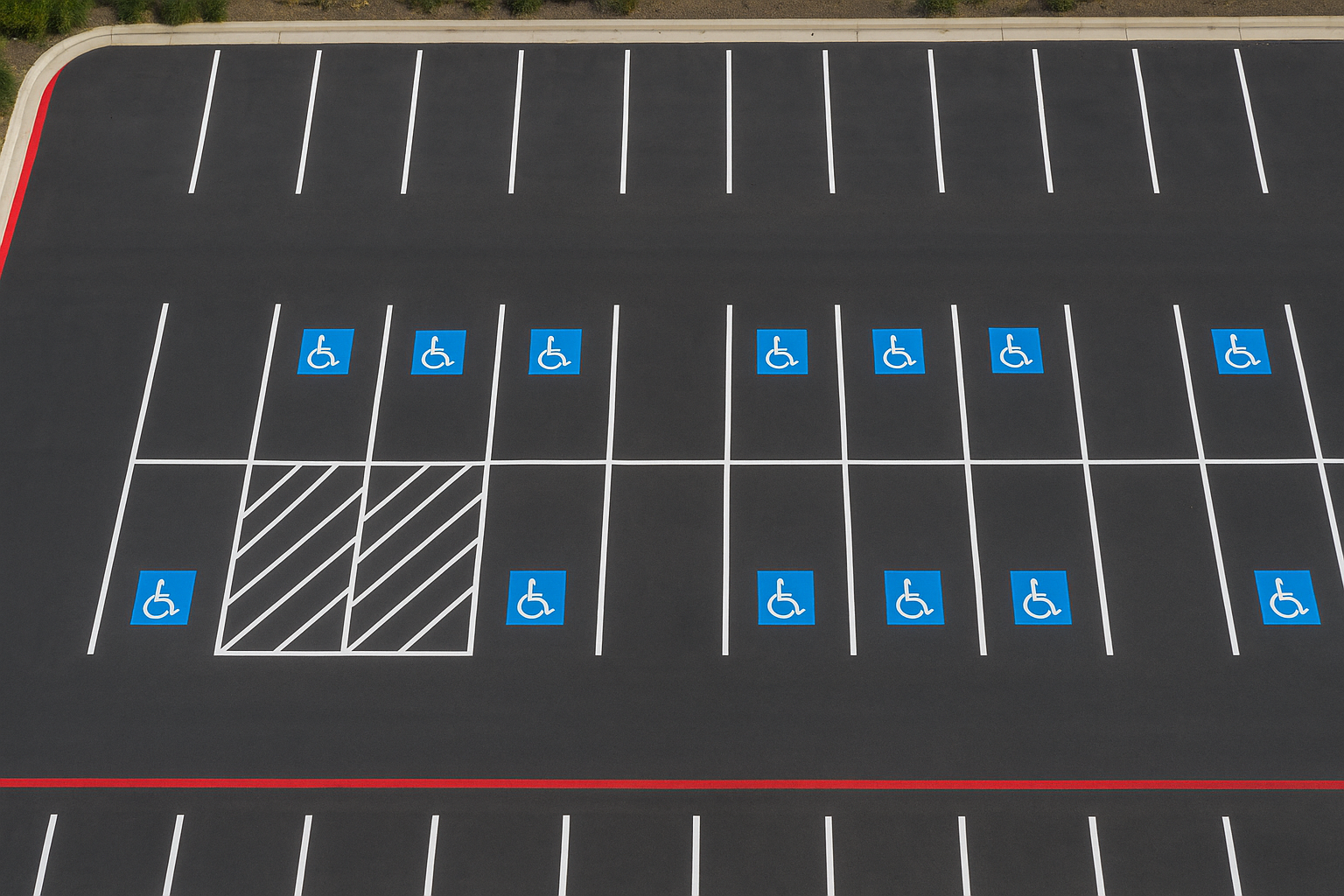 Aerial view of organized commercial parking lot with ADA and fire lane markings