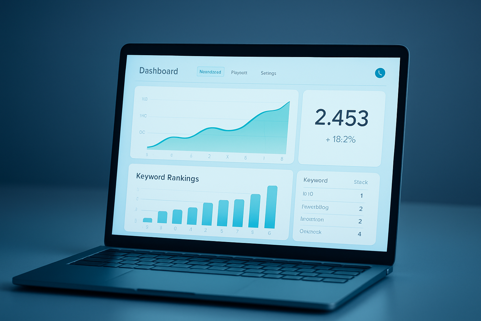 Dashboard showing cloud SEO tools tracking keyword rankings and site performance