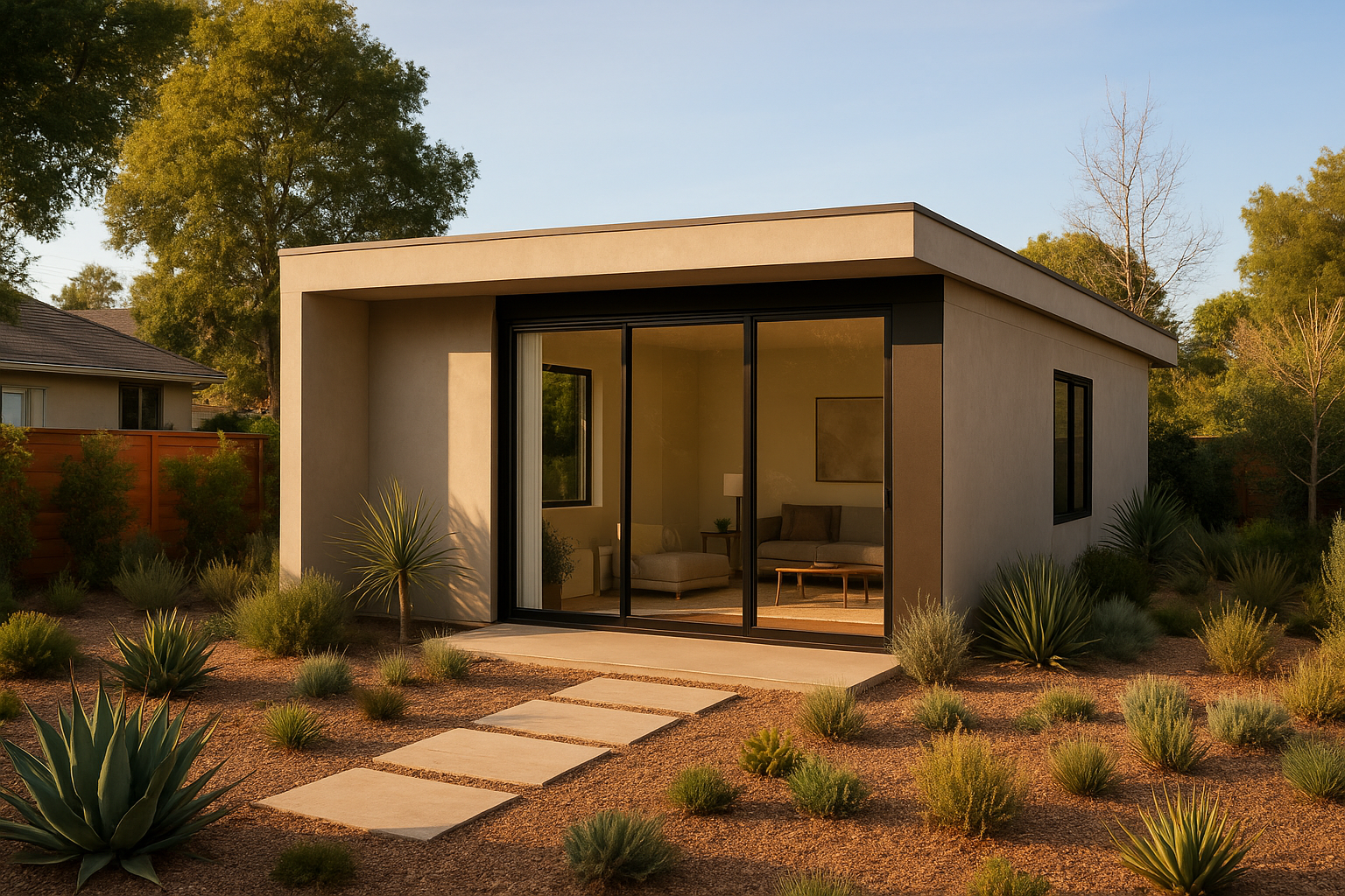 Modern accessory dwelling unit Los Angeles backyard with flat roof and large windows