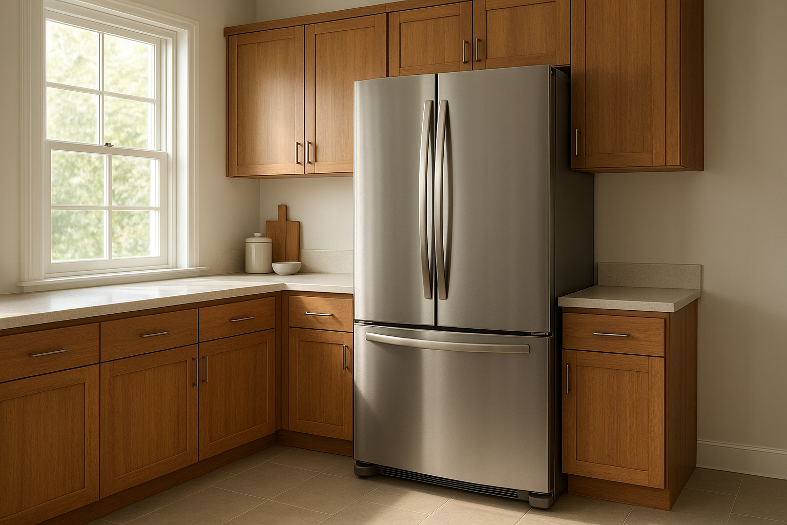 Modern stainless steel refrigerator in a bright home kitchen after repair