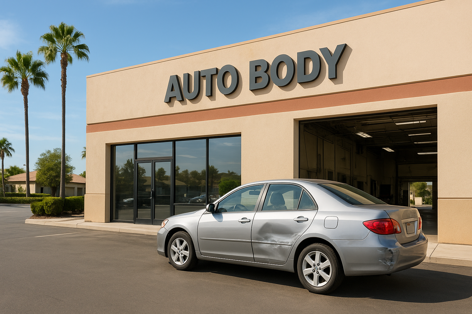 Professional Brea auto services shop exterior with a vehicle awaiting collision repair