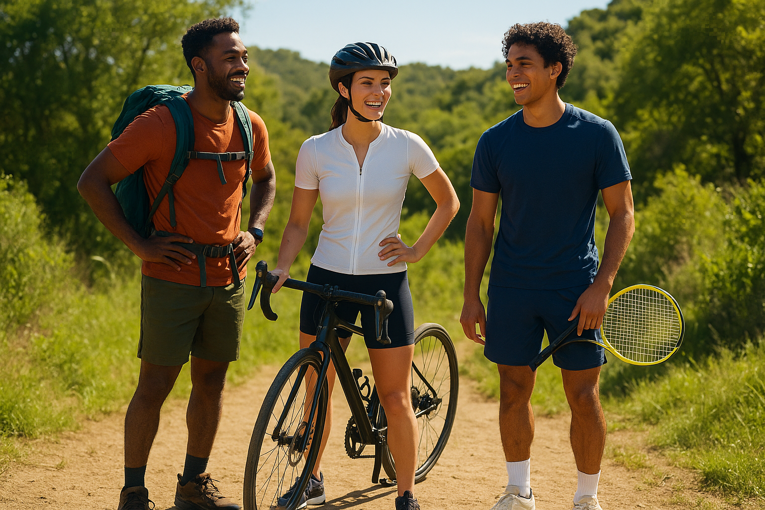 Recreational athletes including a hiker, cyclist, and tennis player who benefit from custom orthotic insoles