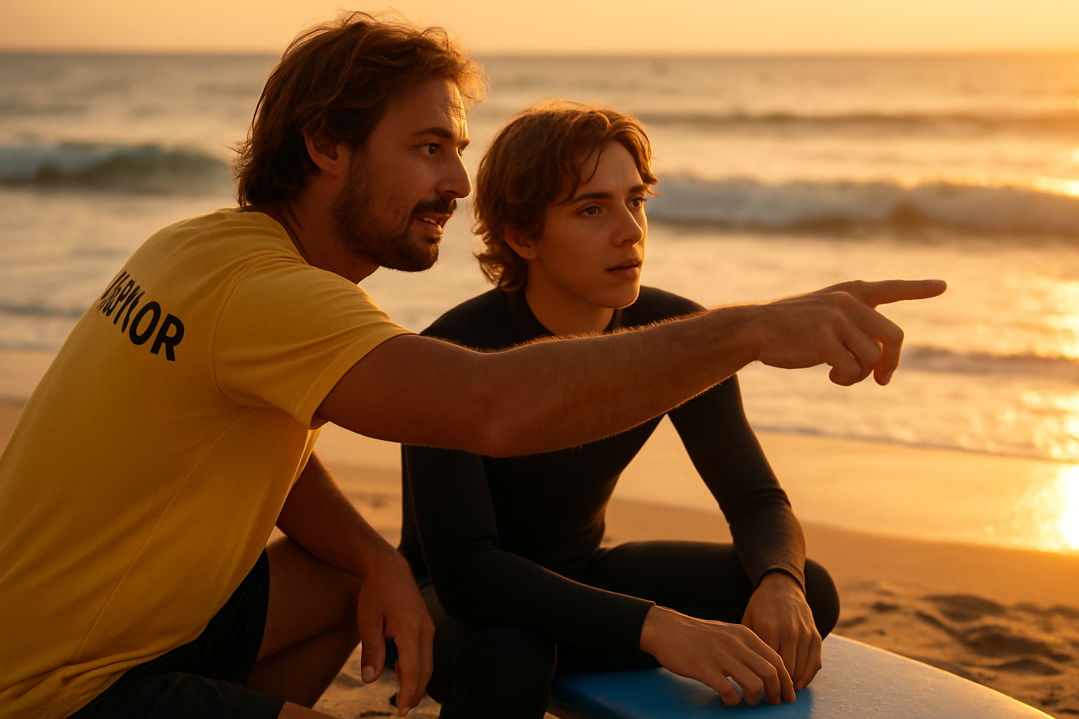 Surf instructor providing personalized coaching to a student as part of a surf training program at the shoreline