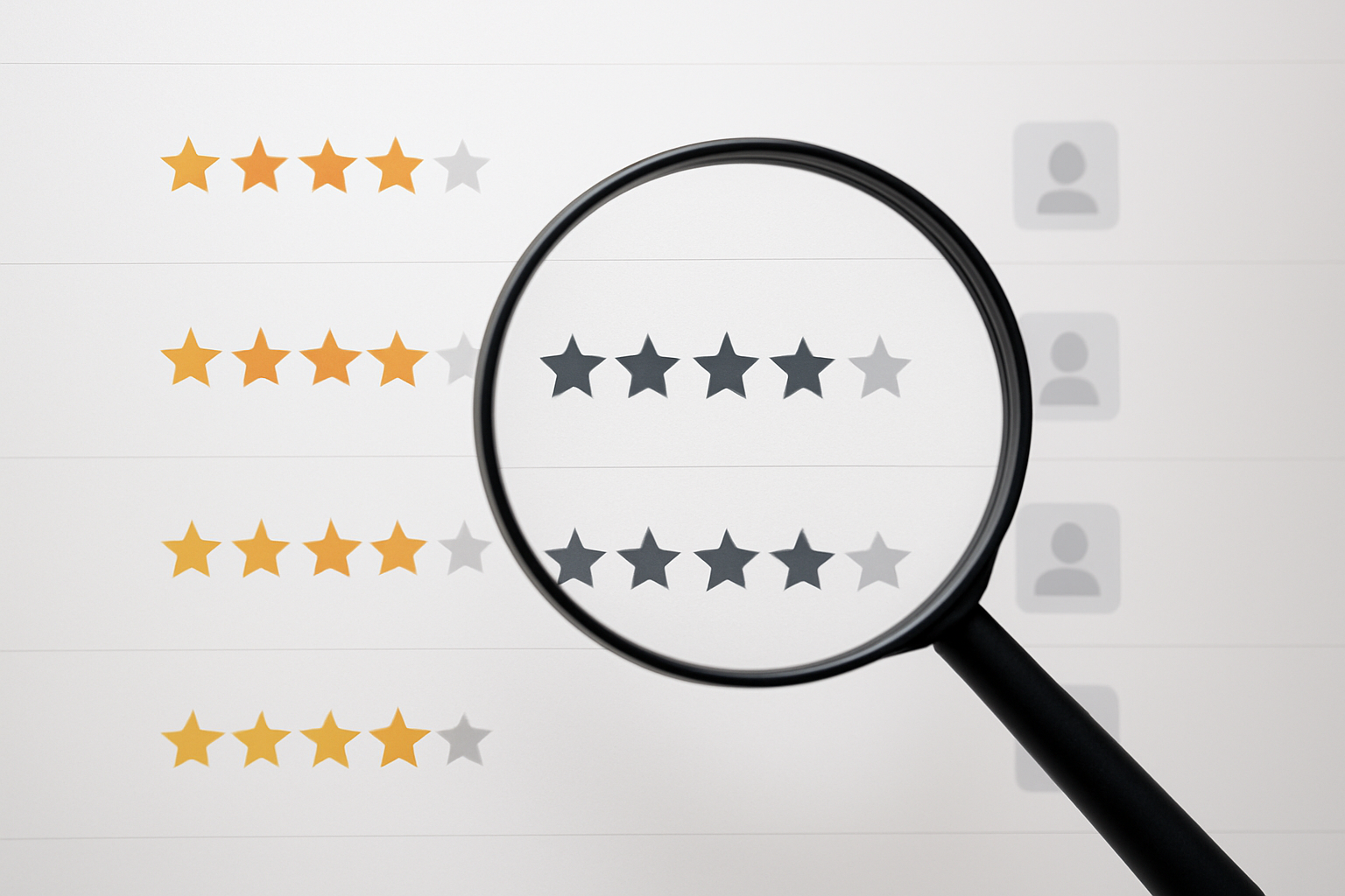 Magnifying glass highlighting negative reviews hidden among five-star HVAC competitor ratings