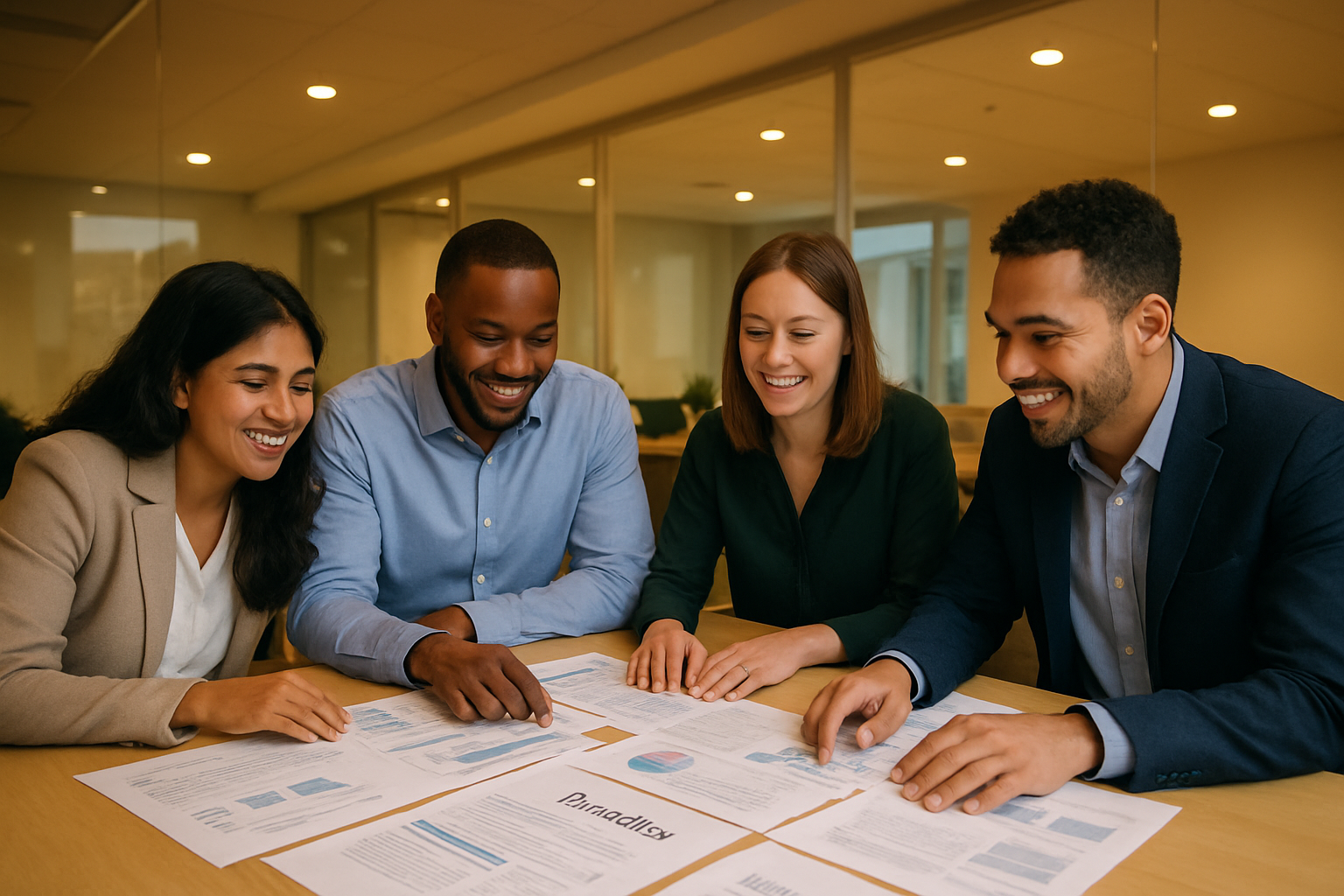 Small business team reviewing employee benefits plan documents together in a modern office meeting room