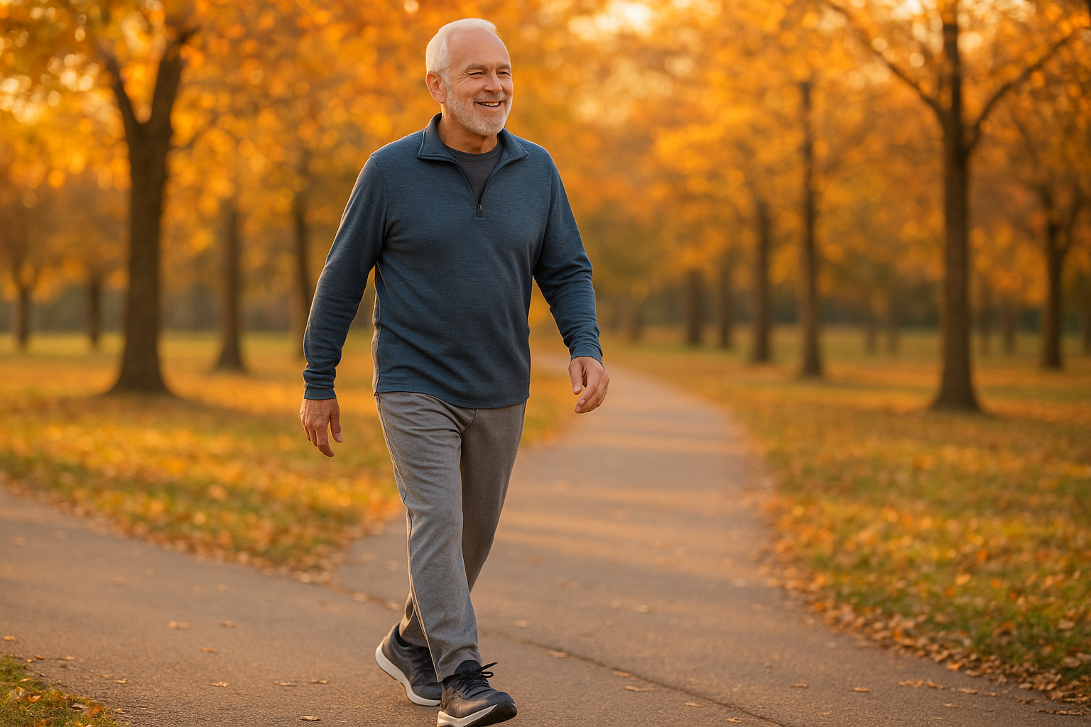 Senior man walking comfortably outdoors after using foot care solutions for seniors