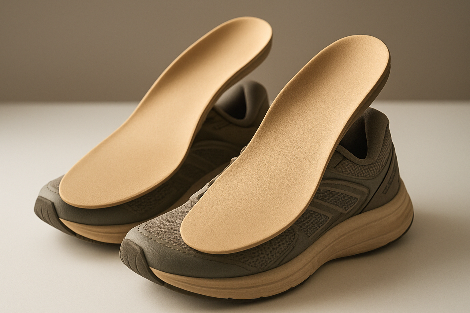 Custom shoe inserts for plantar fasciitis placed inside athletic shoes