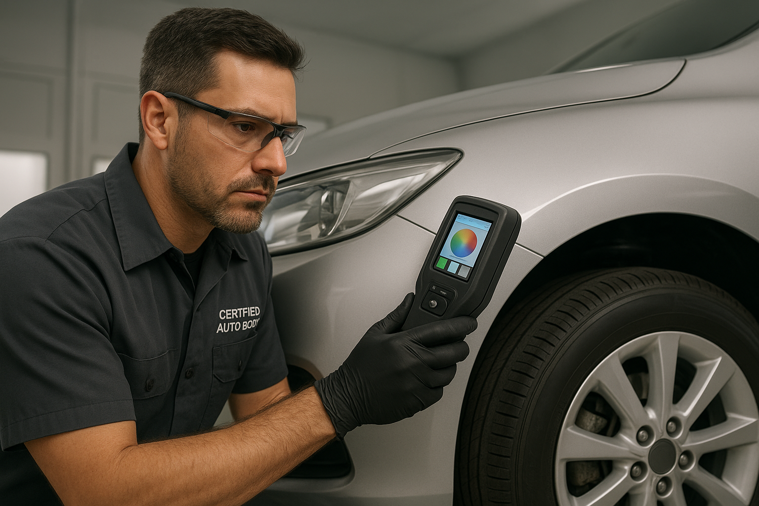 Certified technician performing precision paint matching during a collision repair