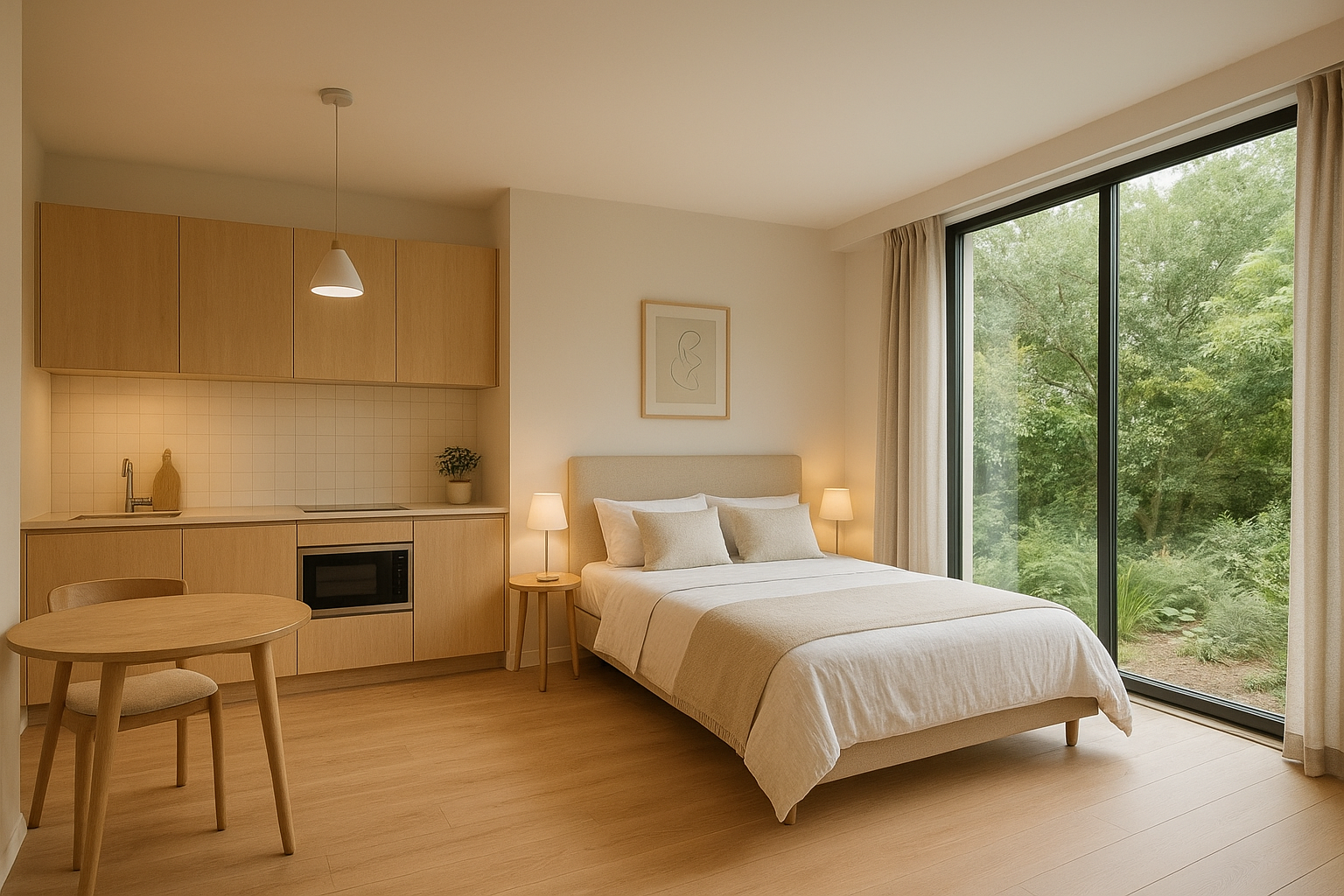 Finished interior of a modern guest house with kitchenette, sleeping area, and large garden-facing window