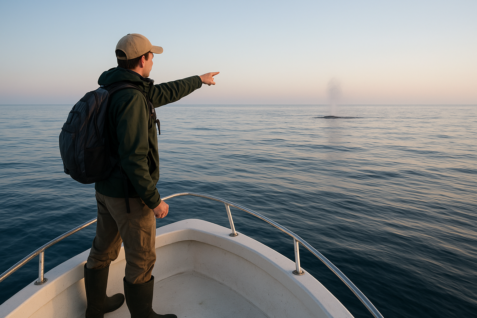 Naturalist guide pointing toward a whale spout during a private whale watching tour