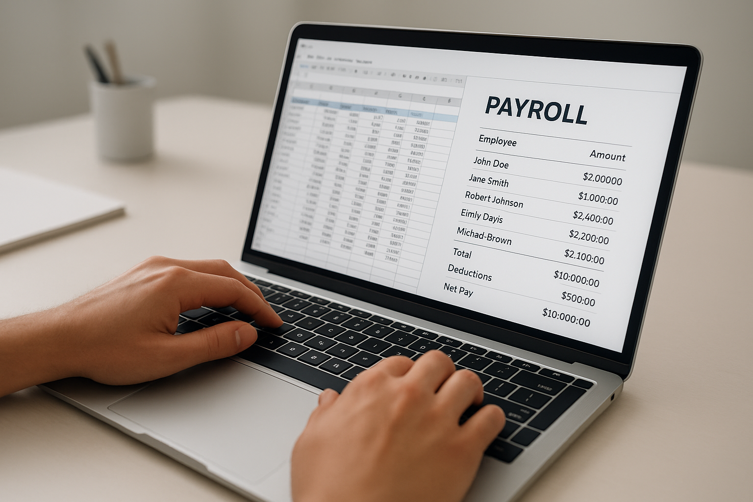 Laptop showing payroll and tax reports used for Minneapolis business compliance