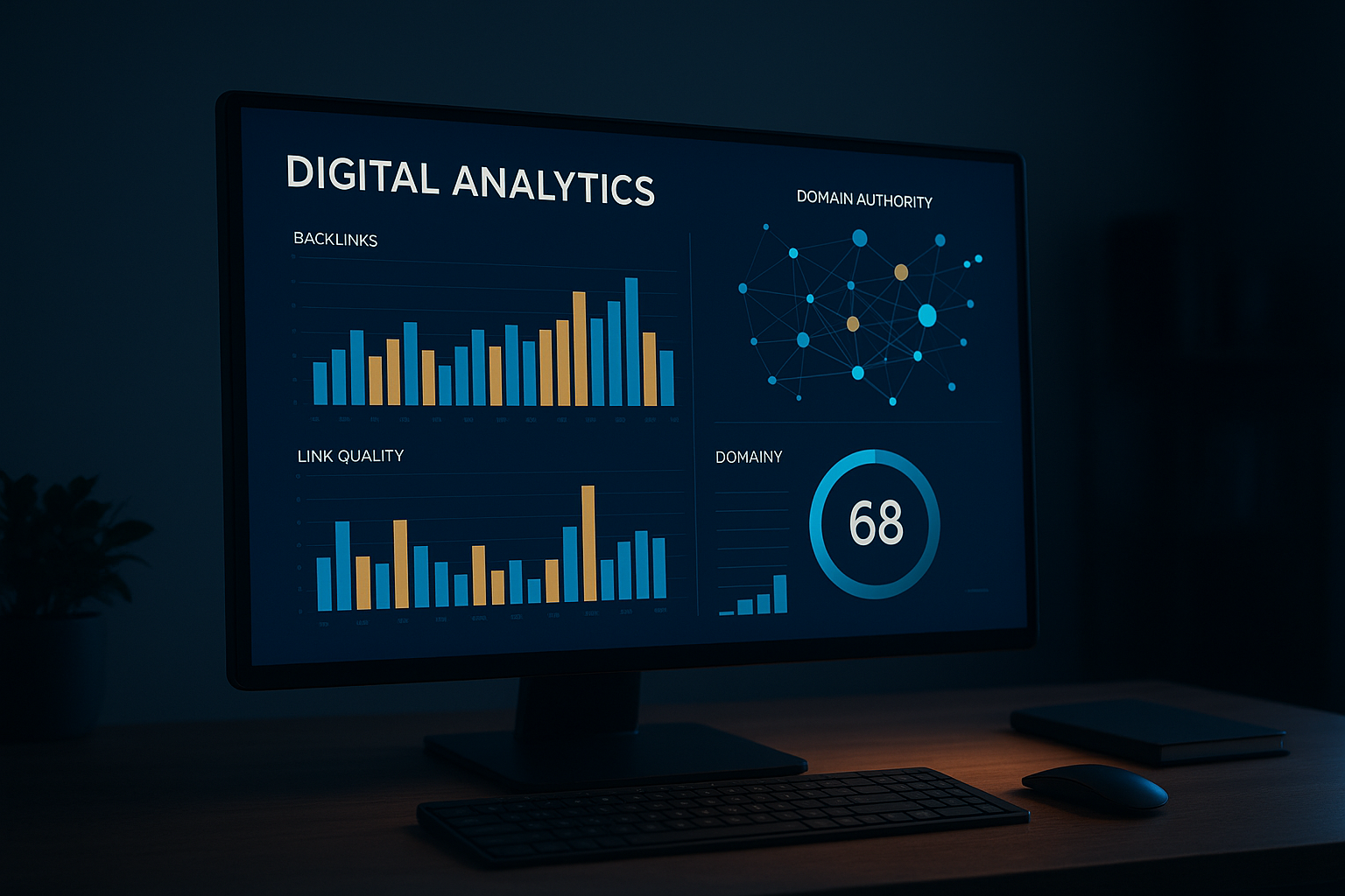 Digital dashboard showing a backlinks SEO check with domain authority metrics and link graphs