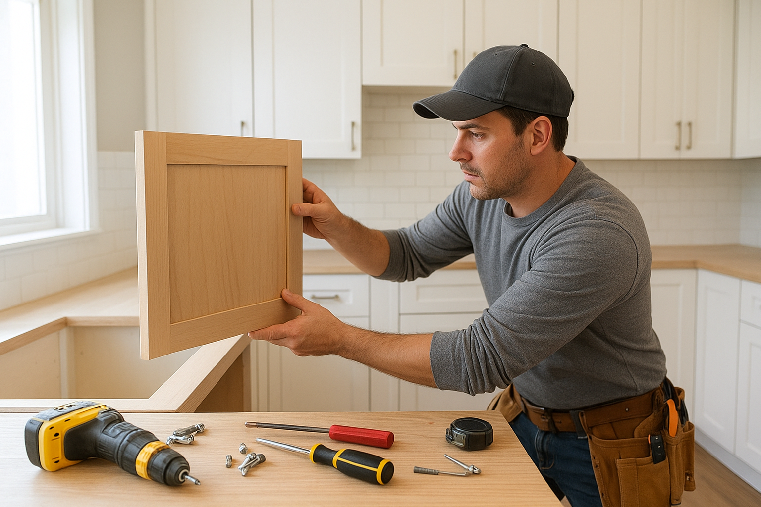 Contractor installing custom cabinet door during a high-end cabinet refacing project