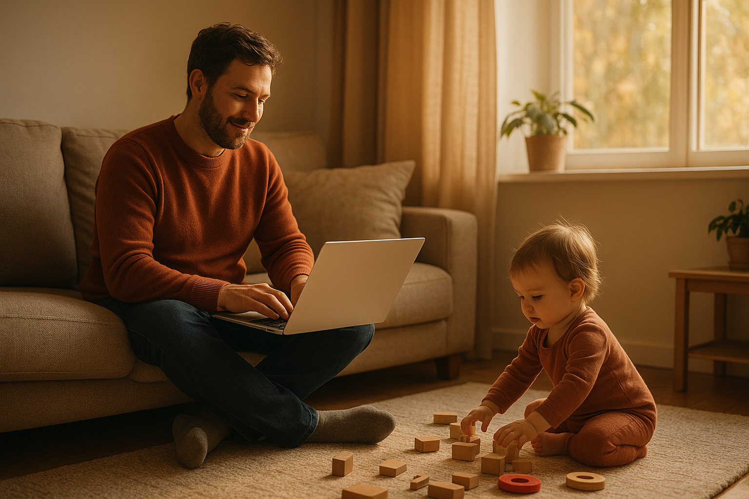 Parent browsing toddler clothing online on a laptop while child plays nearby