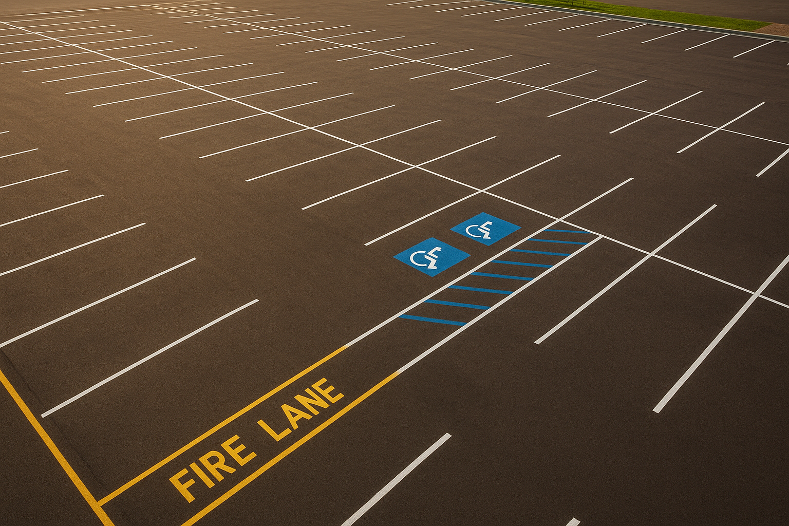 Freshly applied long-lasting line striping on a commercial parking lot with white stalls and yellow fire lane markings