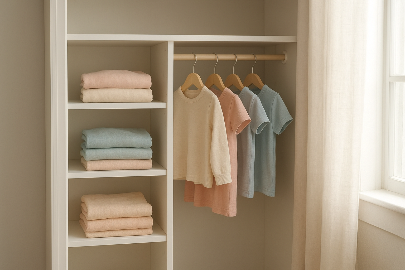 Organized closet shelves representing a sustainable kids wardrobe